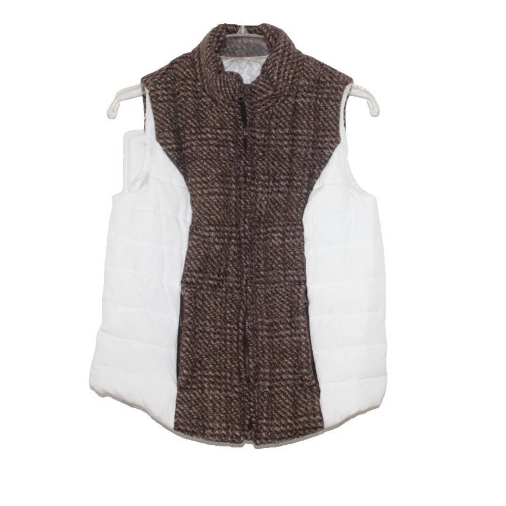 Ruff Hewn Women’s White Puffer Vest Brown Tweed Size PM Excellent Condition